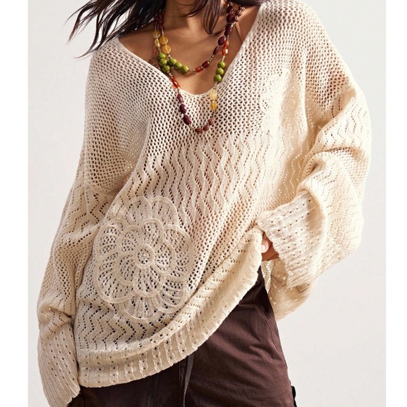 Cozy Cream Loose Knit Floral Patch V neck Oversized Sweater Top - Picture 1 of 7